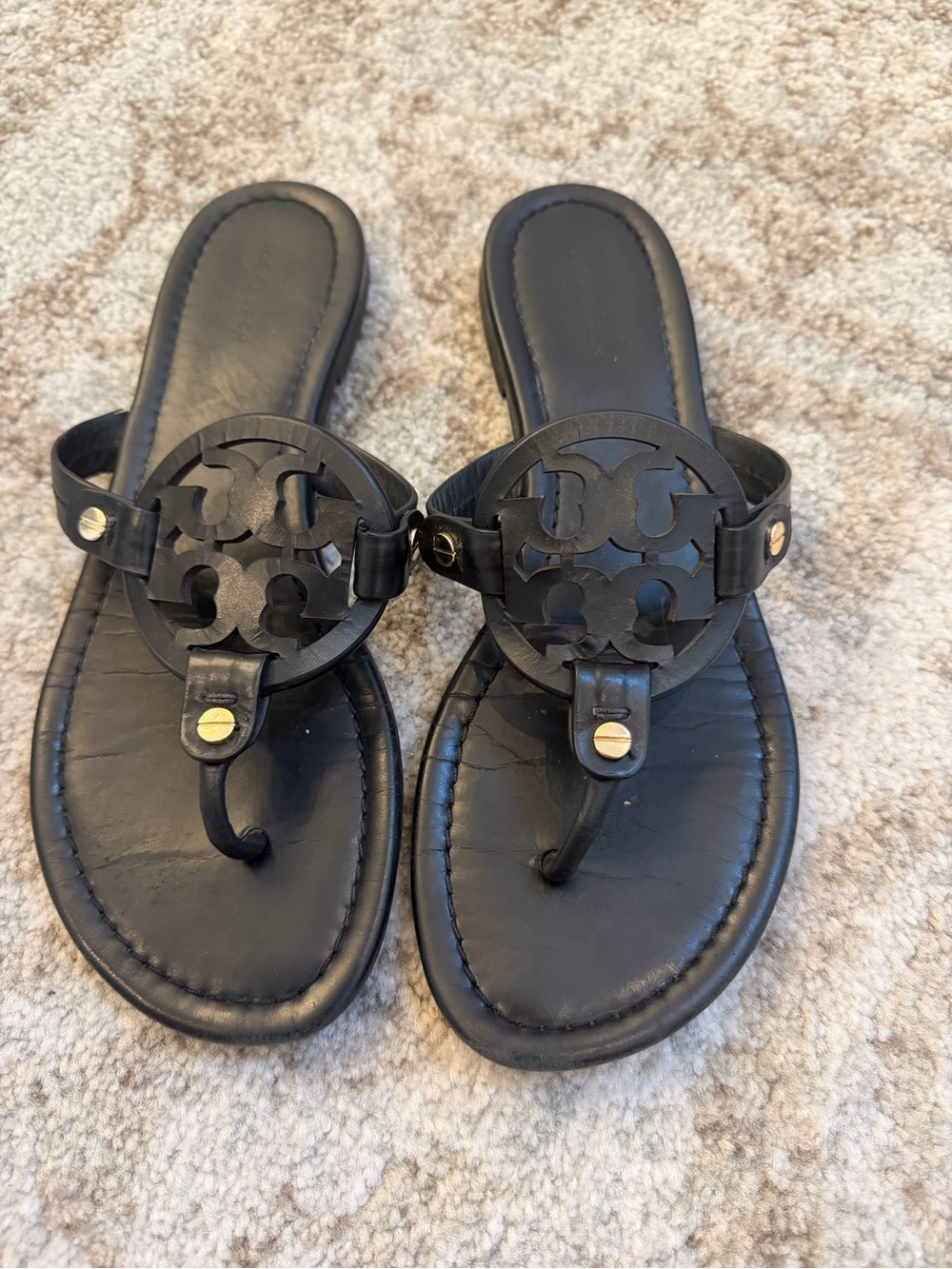 Tory Burch Black Leather Logo Thong Sandals